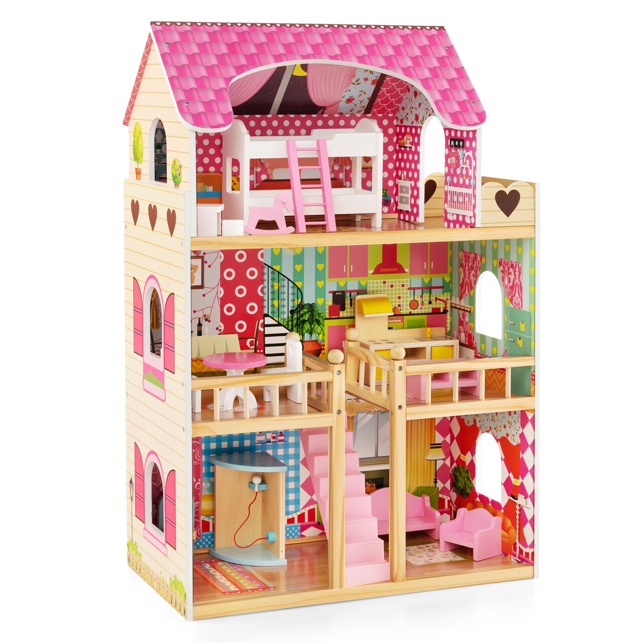 Pink Pine Wood MDF Dollhouse with Furniture Set and Balcony Playhouse